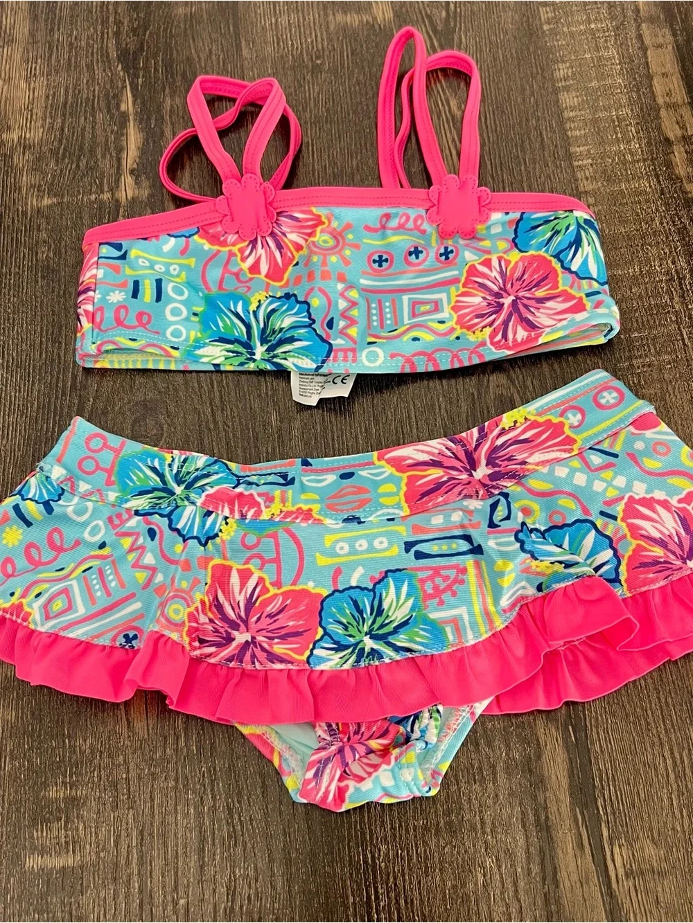 Ikali Girls Two-Piece Floral Ruffle Swimsuit in Aqua & Hot Pink Size 6Y BN